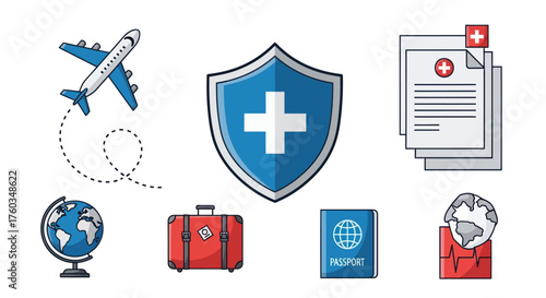 Travel Insurance Icons: Airplane Globe Suitcase Passport Shield Medical Documents.