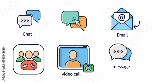 Collection of communication and messaging icons including chat email and video call.