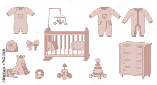 Set of Baby Nursery Items in Pastel Pink Tones.