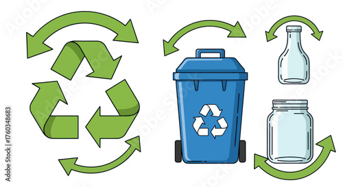 Blue Recycling Bin with Glass Bottles and Recycle Symbol.
