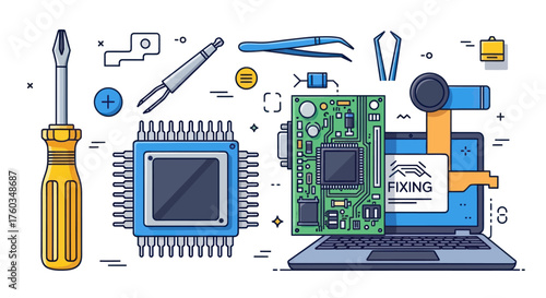 Electronic Repair Tools and Computer Components for Fixing Technology.
