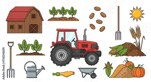 Colorful Cartoon Farm Elements Set: Tractor Barn Crops and Tools.
