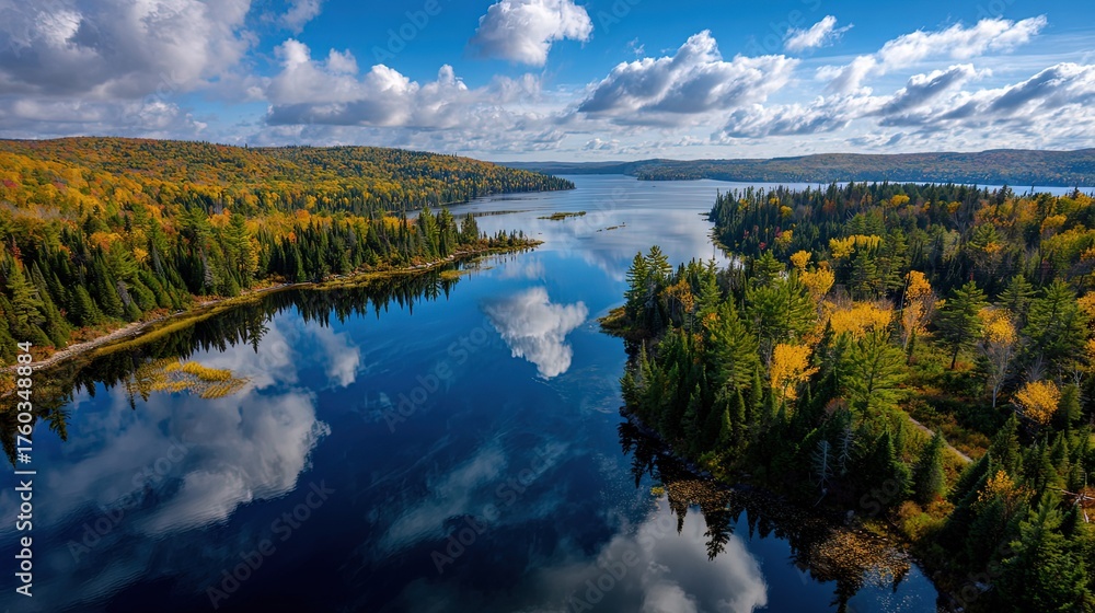 Obraz premium Autumn Lake and Forest Panorama - Nature Healing Photography Material