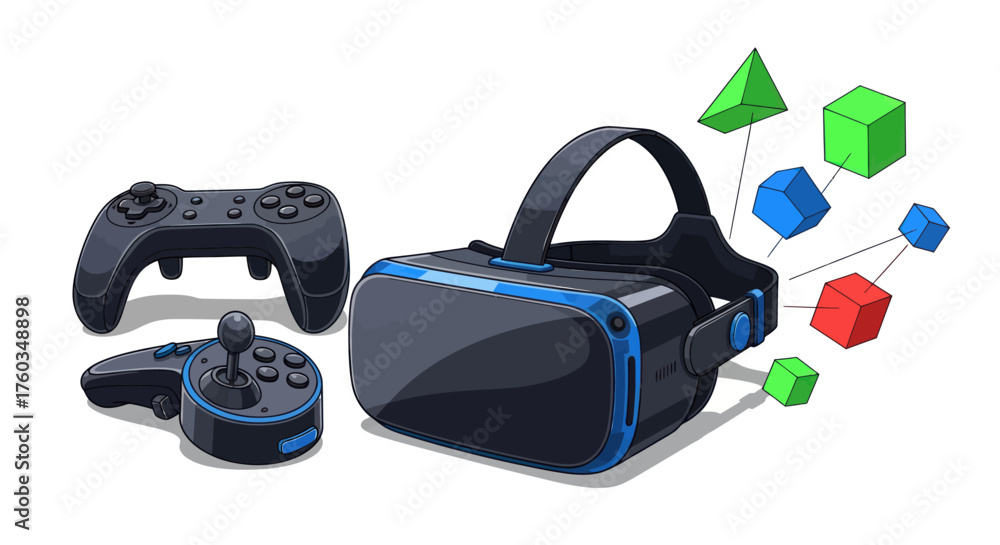 Fototapeta premium Modern Virtual Reality Headset with Game Controllers and Geometric Shapes.