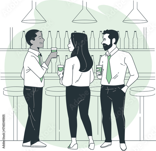 Three Colleagues Socializing and Drinking at a Bar Counter business gathering