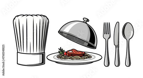 Chefs Hat Covered Dish with Food Fork Knife and Spoon Illustration.