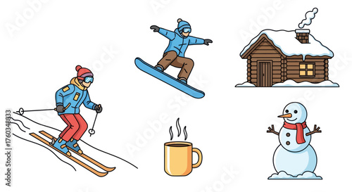 Vibrant hand-drawn winter sports and cozy elements collection.