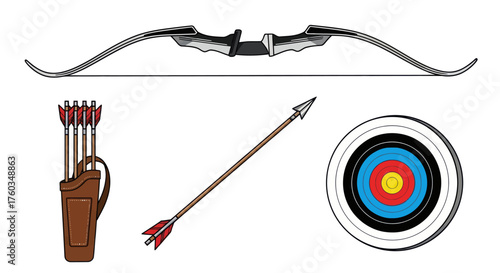 Archery Equipment Set: Bow Arrows Quiver and Target.