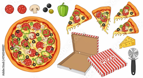 Delicious Pepperoni and Vegetable Pizza Slices with Toppings and Box.