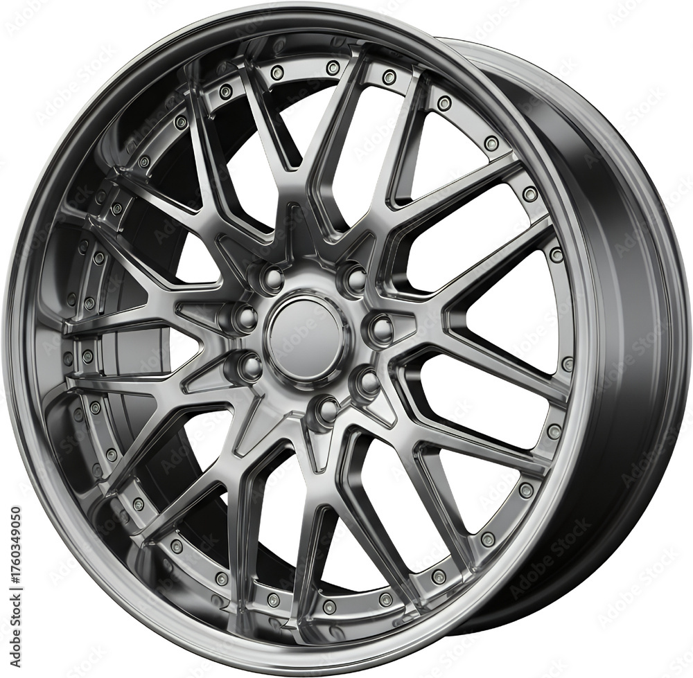 Fototapeta premium A highly polished intricately designed metallic car wheel with a complex spoke pattern featuring numerous lug nut holes and a circular center cap isolate