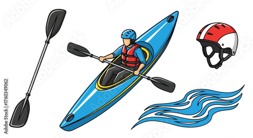 Kayaking set illustration: person in blue kayak paddle helmet and water wave.