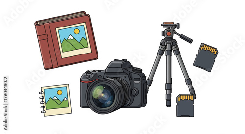 Photography Equipment: DSLR Camera Tripod Memory Cards and Photo Album.
