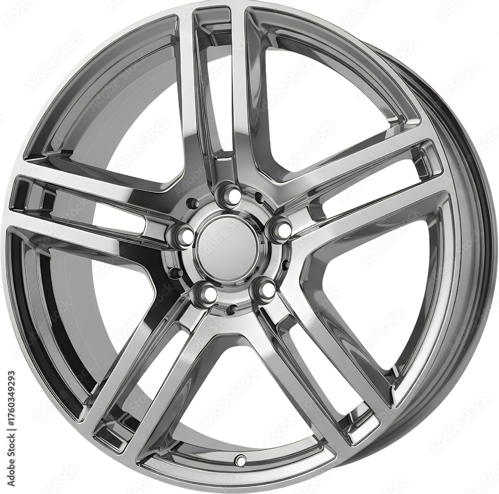 Fototapeta premium A Detailed Polished Chrome Car Wheel With Five Spokes Featuring A Complex Design And Intricate Detailing Against A Transparent Background Isolate Alloy Wheel