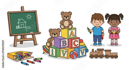 Colorful childrens educational toys school supplies and happy cartoon kids.