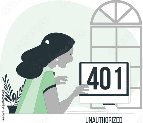 Woman looking at computer screen displaying 401 unauthorized error message with stylized window and plant