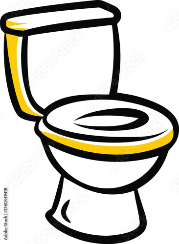 Cartoon toilet with black outlines and yellow accents on white background bathroom plumbing