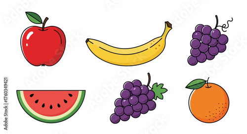 Assortment of Fresh Fruits: Apple Banana Grapes Watermelon and Orange.
