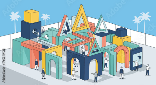 This flat design vector illustration captures the grandeur of a large-scale, interactive art installation at Art Basel Miami Beach, emphasizing its geometric forms and vibrant colors.