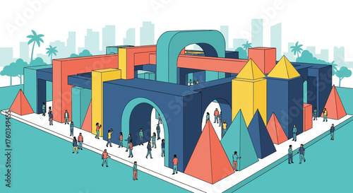 This flat design vector illustration captures the grandeur of a large-scale, interactive art installation at Art Basel Miami Beach, emphasizing its geometric forms and vibrant colors.