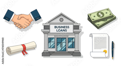 Business Loans Concept with Bank Money Handshake and Documents.