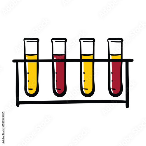 Four laboratory test tubes with yellow and red liquid in a black rack science experiment