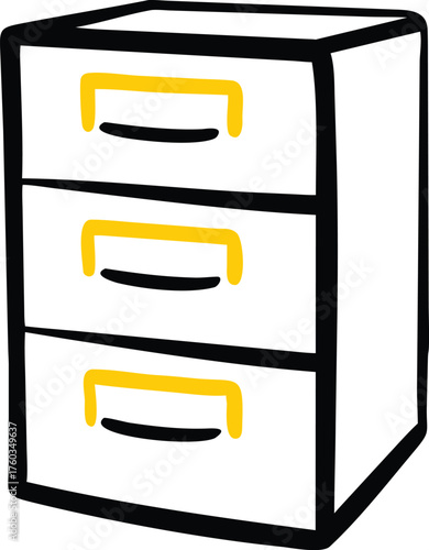 Simple cartoon illustration of a white three drawer filing cabinet with yellow handles storage office