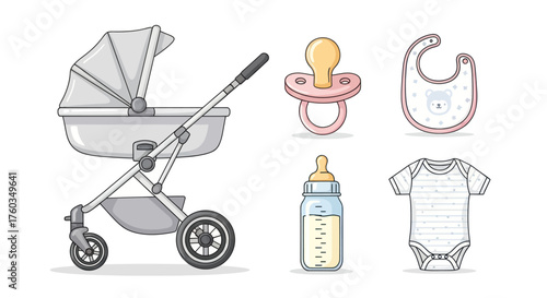 Baby Items Collection: Stroller Pacifier Bib Bottle and Onesie Illustration.