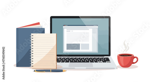 Modern Workspace Setup with Laptop Books Notebook Pen and Steaming Coffee Mug.