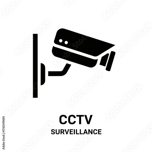 Modern black and white CCTV surveillance camera icon mounted on a wall, representing security and monitoring systems.