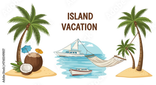 Tropical Island Vacation Scene with Palm Trees Coconut and Sailboat.