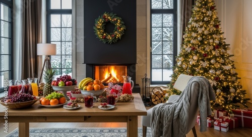 Festive holiday feast setup with beautifully decorated christmas tree and warming fireplace ambiance