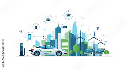 Modern White Electric Car Charging in Smart City Environment.