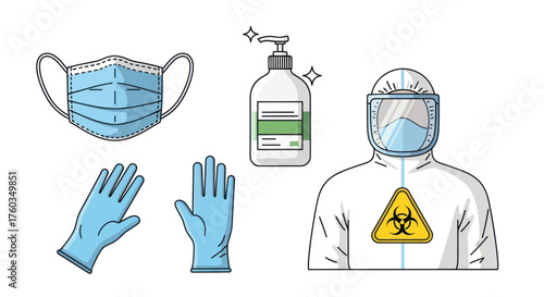 Protective Medical Gear: Mask Gloves Sanitizer and Suit.