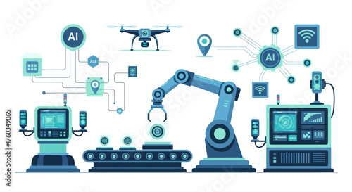 Futuristic Automated Factory with AI-Powered Robotic Arm and Drone.