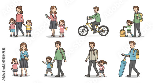 Hand-drawn cartoon people and families in various daily life activities.