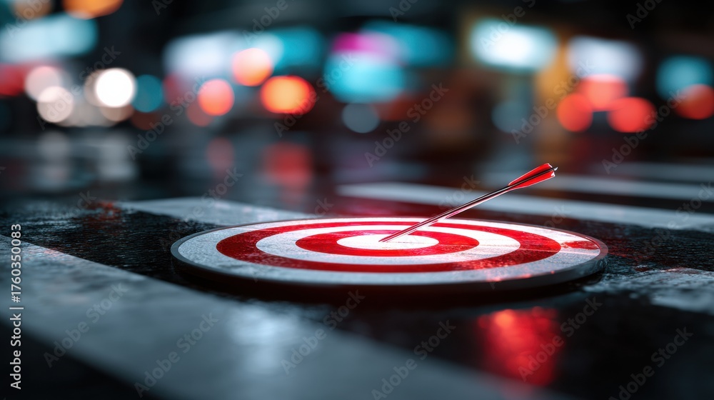 Obraz premium A red and white target rests on the wet sidewalk with a sharp object embedded in the center, surrounded by the glowing colors of city lights at night.