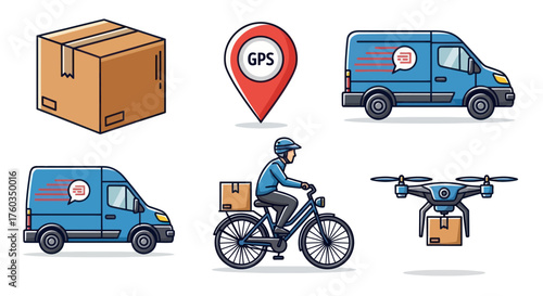 Delivery Icons Set: Box GPS Pin Van Bicycle Courier Drone.