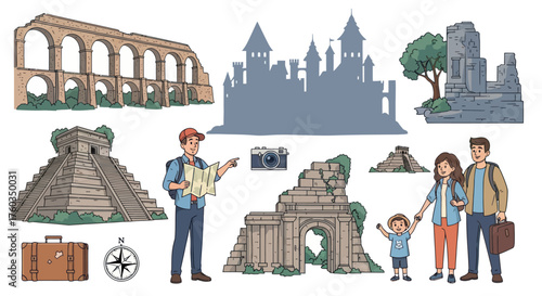Diverse Collection of Historical Landmarks Ancient Ruins and Travel Elements.