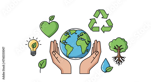 Hands cradling the Earth surrounded by environmental symbols.