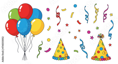 Colorful Party Balloons Hats Confetti and Streamers Illustration.