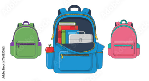 Three colorful school backpacks one open with books and a lunchbox inside.