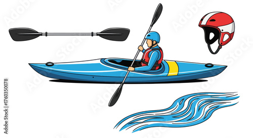 Kayaker Paddling a Blue Kayak with Safety Gear and Paddle.