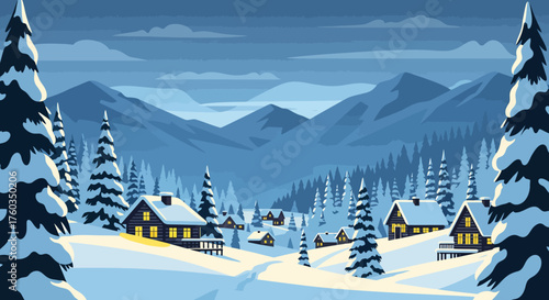 Peaceful Winter Village with Glowing Cabins in a Snowy Mountain Valley at Holiday Evening
