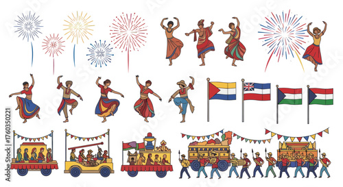 Vector illustration set of an Indian cultural celebration with parade floats traditional dancers and fireworks.