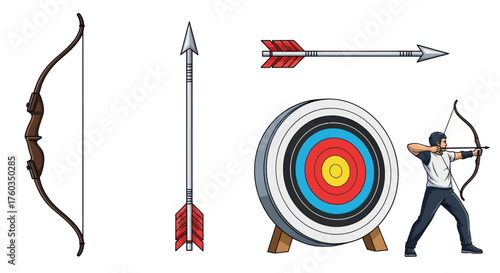 Archery Equipment Set: Bow Arrows Target and Archer Illustration.