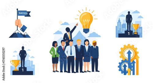 Group of Professionals Achieving Success with Bright Idea.