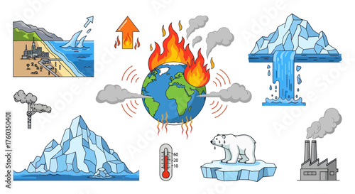 Hand-drawn Cartoon Icons Illustrating Global Warming and Climate Change Environmental Crisis.