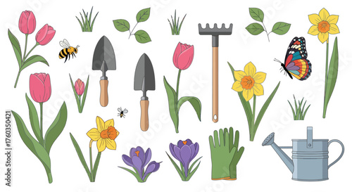 Colorful Garden Tools and Flowers Illustration on White Background.