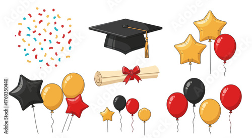Graduation Celebration Elements: Cap Diploma Balloons and Confetti.