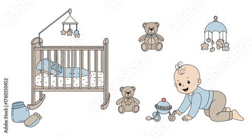 Babys Room Illustration: Crib Mobile Teddy Bears and Crawling Baby.
